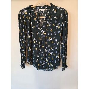 Market & Spruce Floral Long Sleeve Blouse Dark Green Ruffle Tie Neck XS